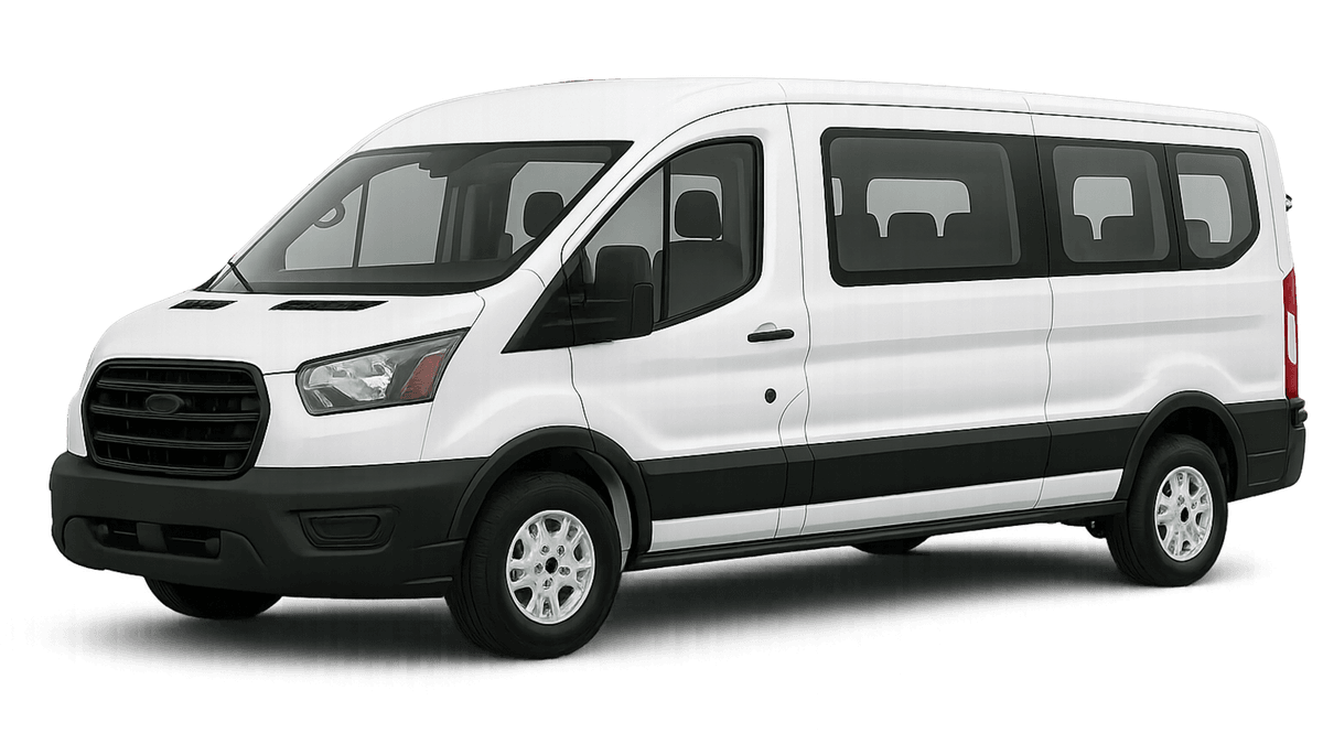 White Ford Transit passenger van